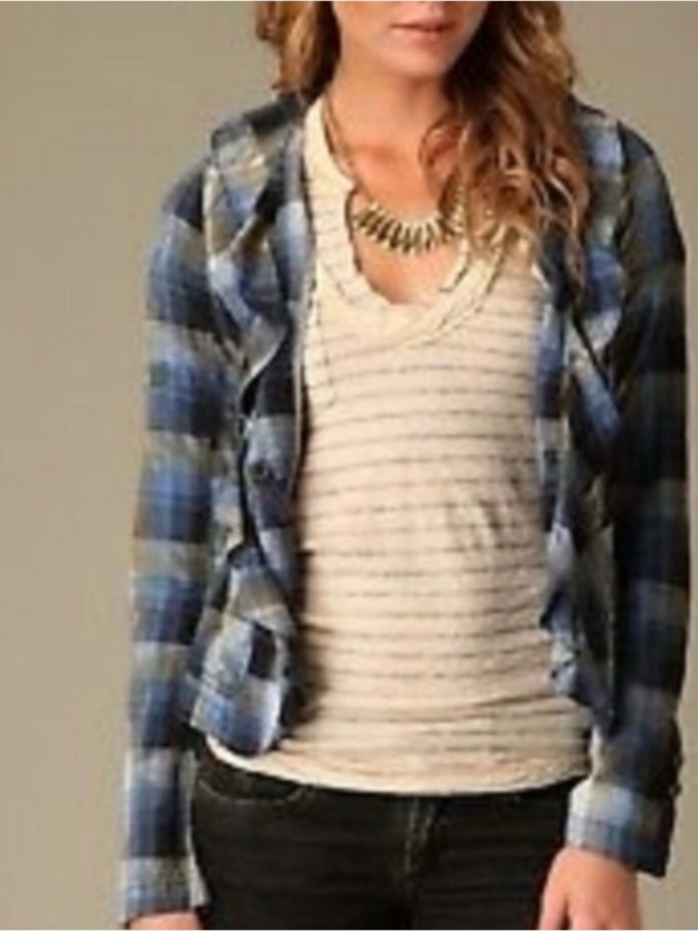 Free People Liberty Plaid Jacket Blazer Light Weight Cotton Ruffle Trim Size 4